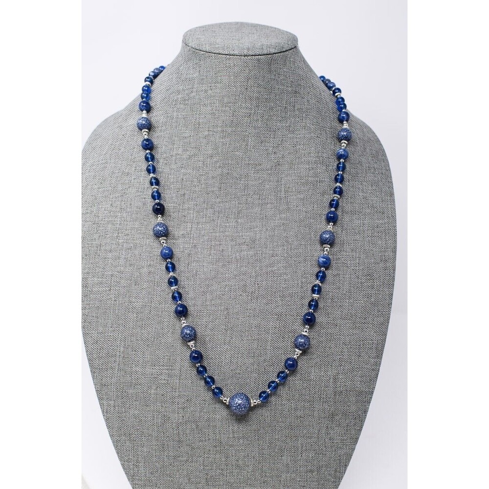 Blue Glass silver tone bead necklace blue art glass beads lobster clasp 30" long